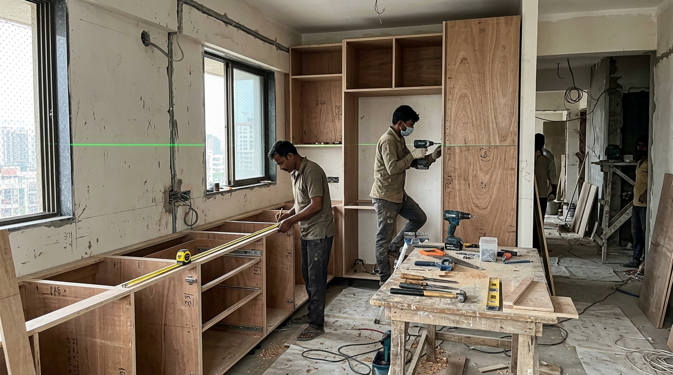 Real site modular kitchen carpentry execution